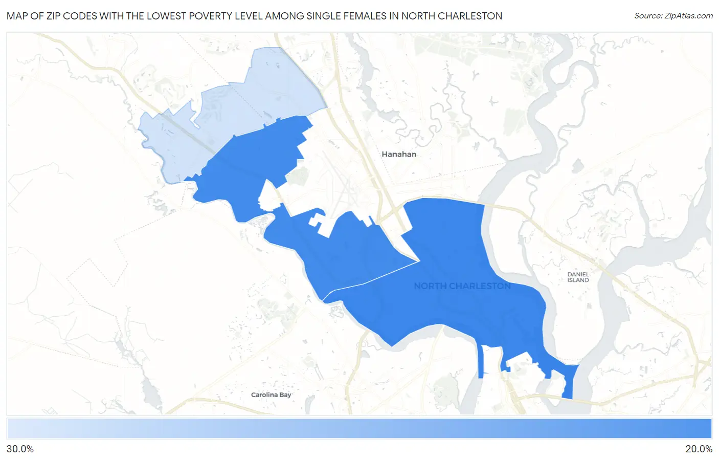 Zip Codes with the Lowest Poverty Level Among Single Females in North Charleston Map