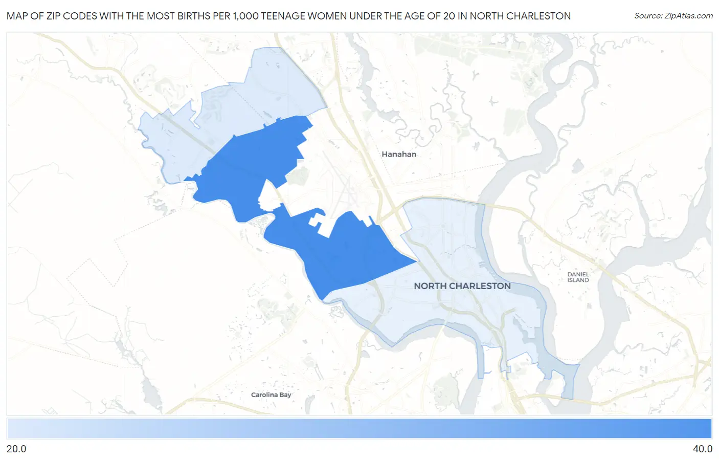 Zip Codes with the Most Births per 1,000 Teenage Women Under the Age of 20 in North Charleston Map
