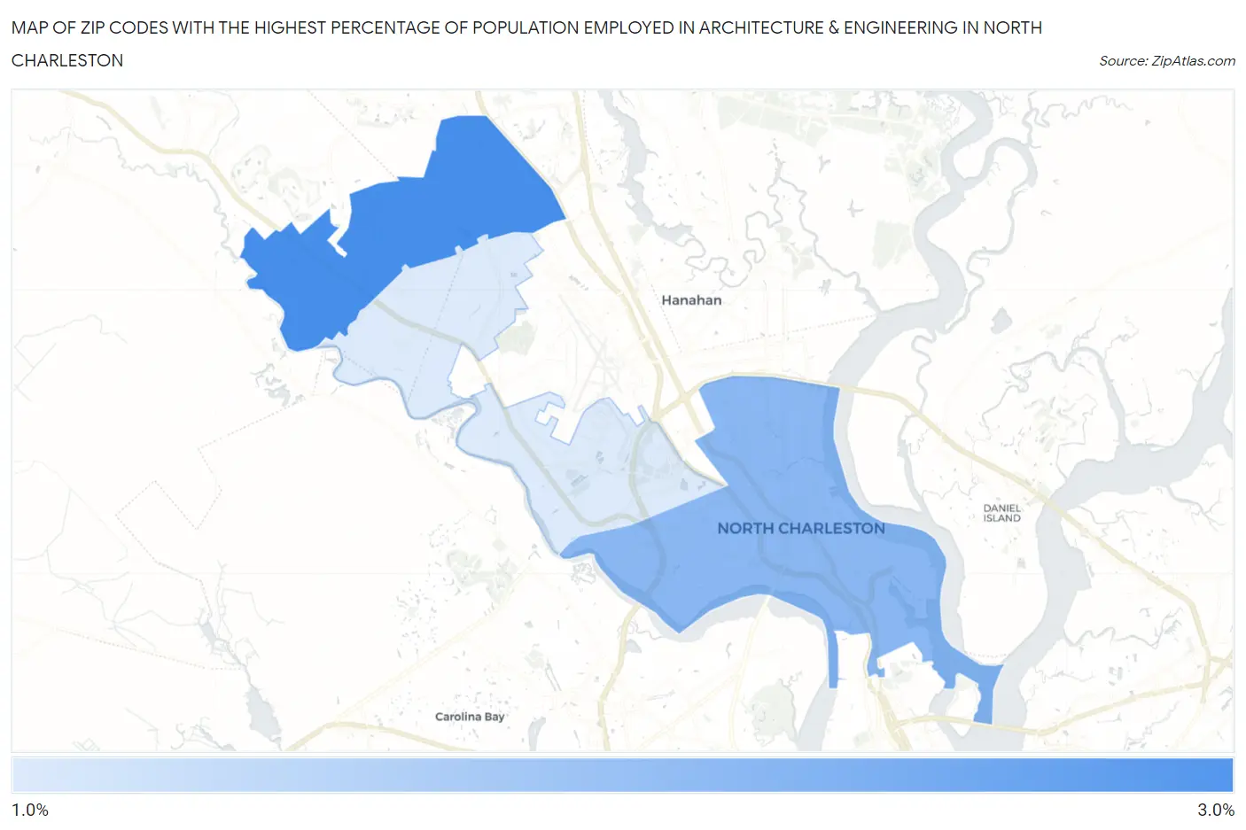 Zip Codes with the Highest Percentage of Population Employed in Architecture & Engineering in North Charleston Map