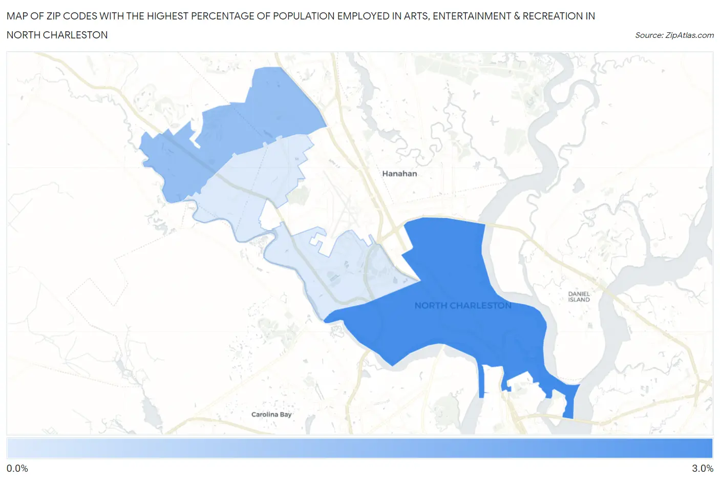 Zip Codes with the Highest Percentage of Population Employed in Arts, Entertainment & Recreation in North Charleston Map