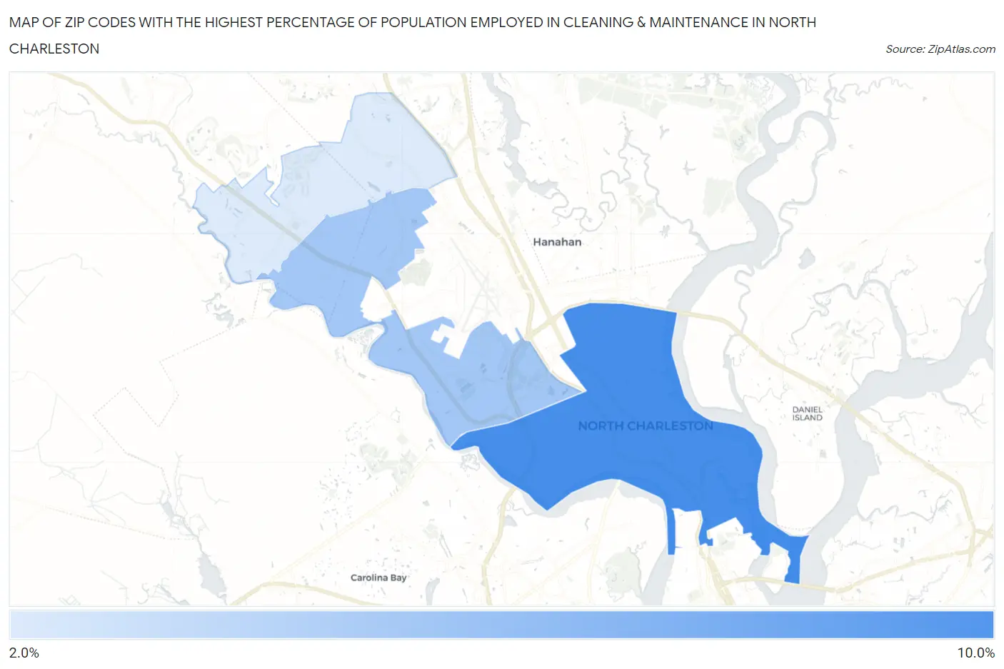 Zip Codes with the Highest Percentage of Population Employed in Cleaning & Maintenance in North Charleston Map