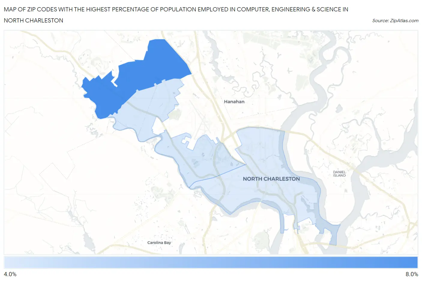 Zip Codes with the Highest Percentage of Population Employed in Computer, Engineering & Science in North Charleston Map