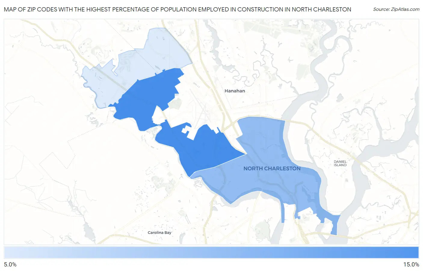 Zip Codes with the Highest Percentage of Population Employed in Construction in North Charleston Map
