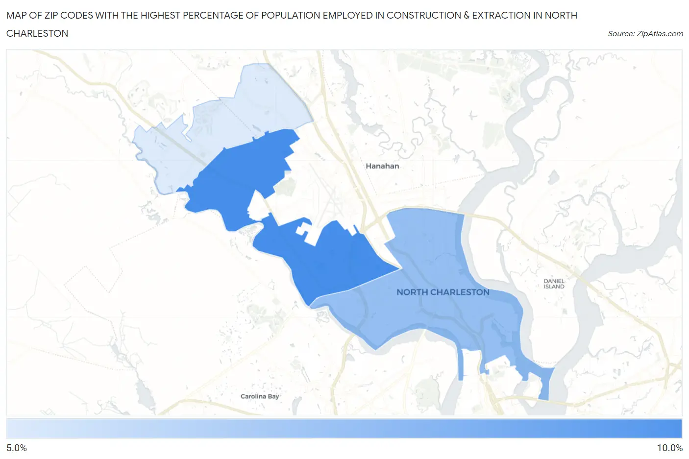 Zip Codes with the Highest Percentage of Population Employed in Construction & Extraction in North Charleston Map