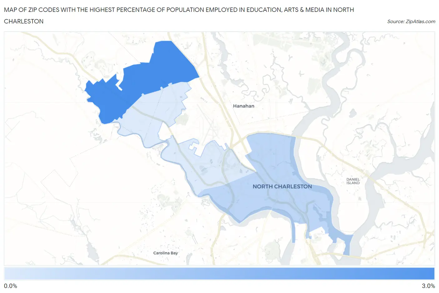 Zip Codes with the Highest Percentage of Population Employed in Education, Arts & Media in North Charleston Map