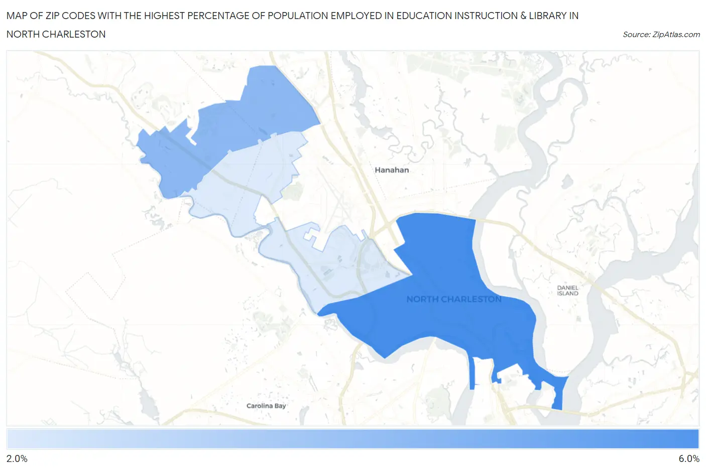 Zip Codes with the Highest Percentage of Population Employed in Education Instruction & Library in North Charleston Map