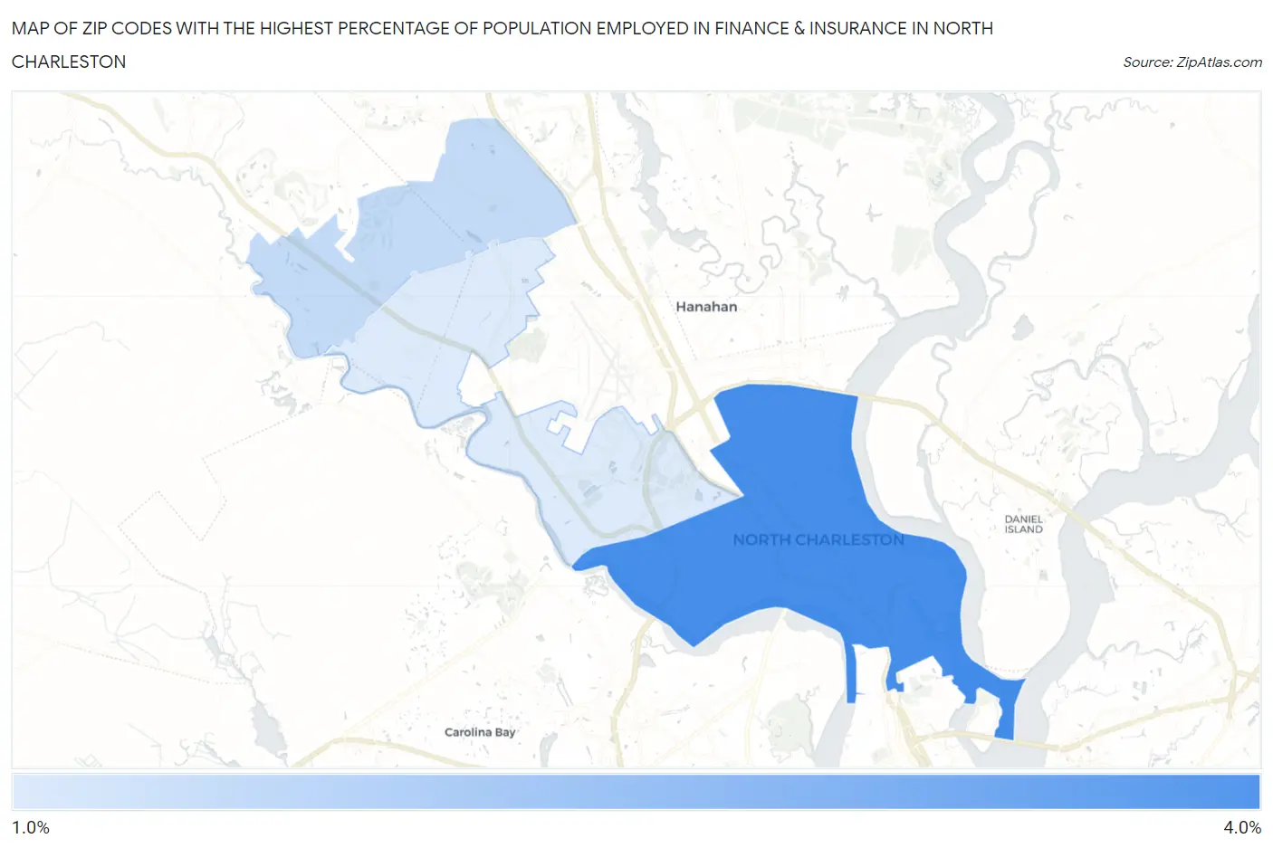 Zip Codes with the Highest Percentage of Population Employed in Finance & Insurance in North Charleston Map