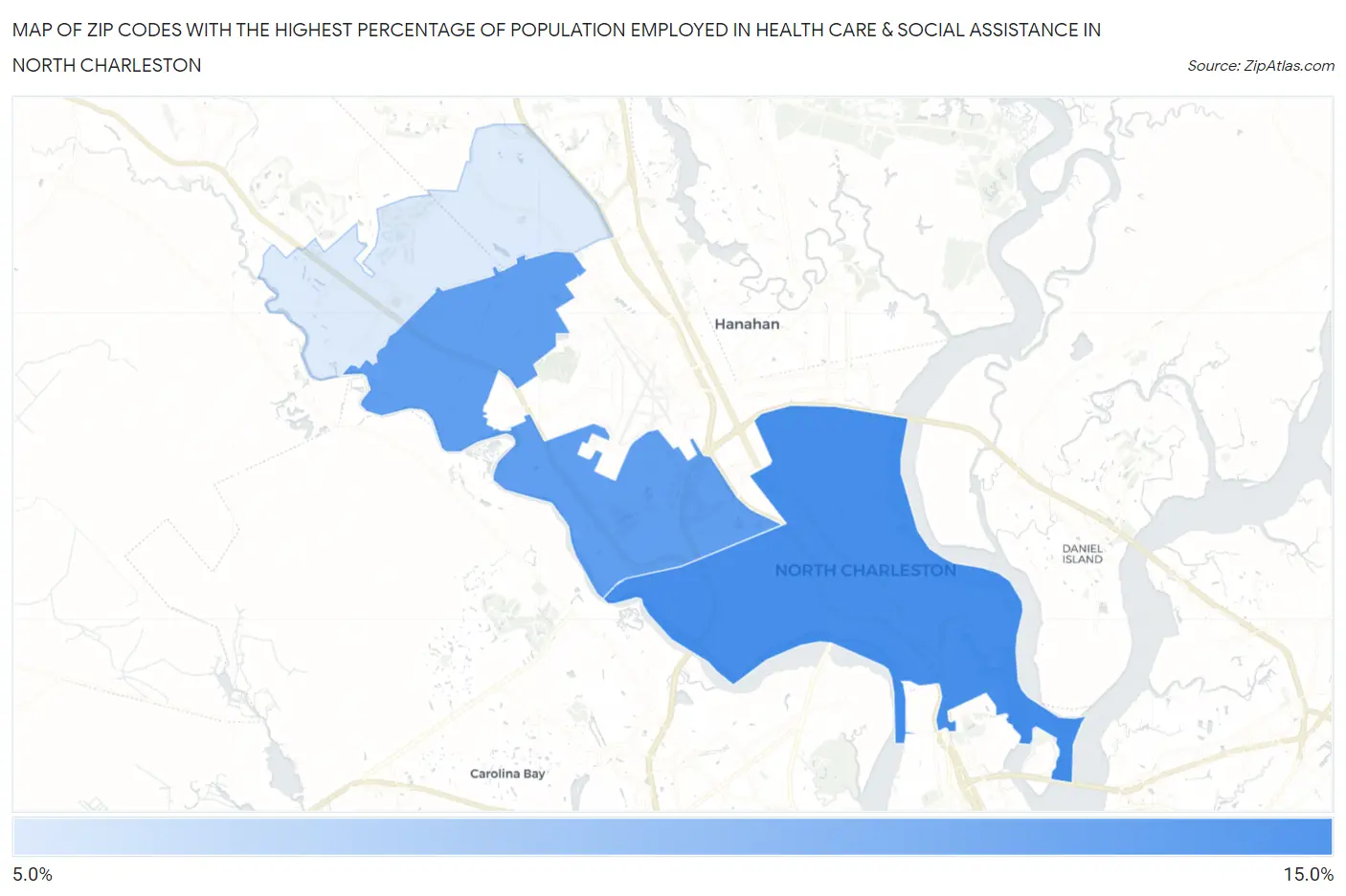 Zip Codes with the Highest Percentage of Population Employed in Health Care & Social Assistance in North Charleston Map