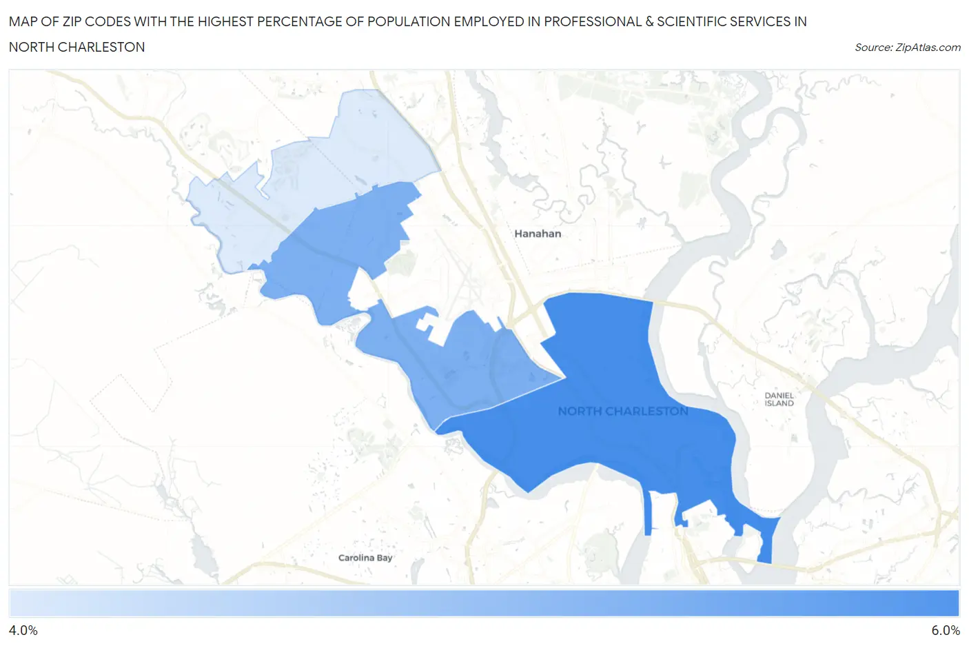 Zip Codes with the Highest Percentage of Population Employed in Professional & Scientific Services in North Charleston Map