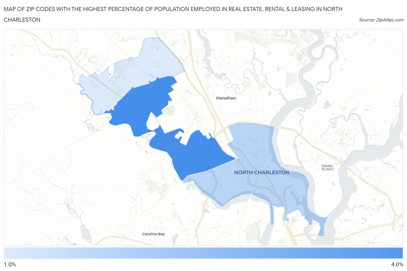 Zip Codes with the Highest Percentage of Population Employed in Real Estate, Rental & Leasing in North Charleston Map