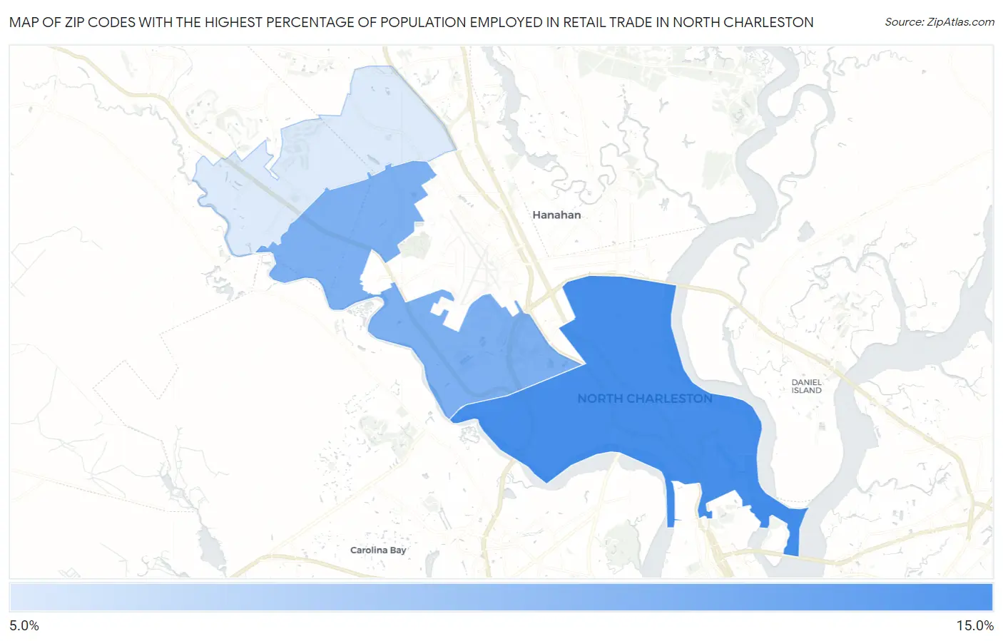 Zip Codes with the Highest Percentage of Population Employed in Retail Trade in North Charleston Map