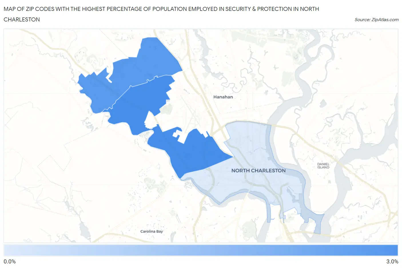 Zip Codes with the Highest Percentage of Population Employed in Security & Protection in North Charleston Map