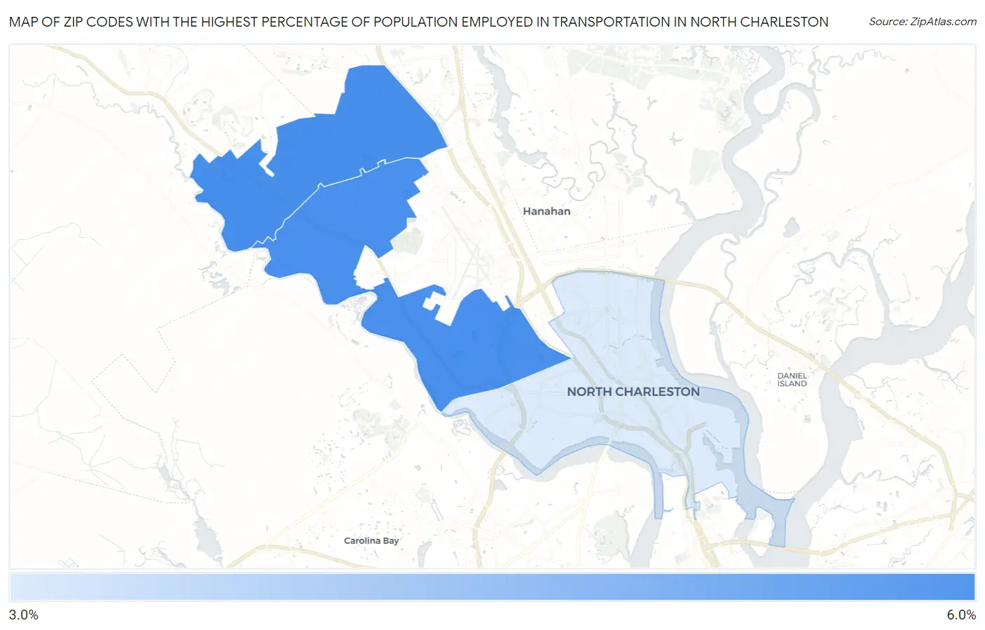 Zip Codes with the Highest Percentage of Population Employed in Transportation in North Charleston Map