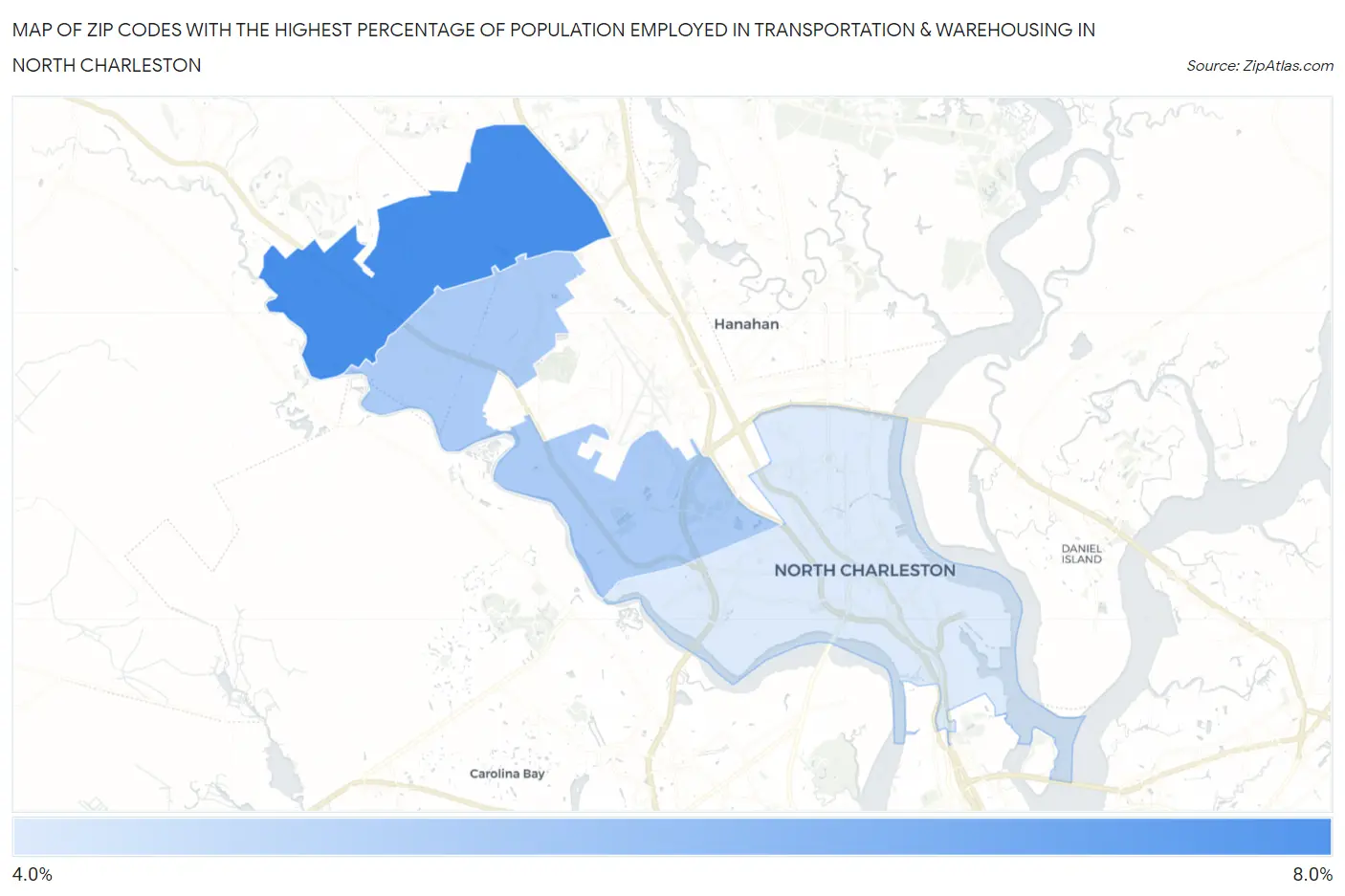 Zip Codes with the Highest Percentage of Population Employed in Transportation & Warehousing in North Charleston Map