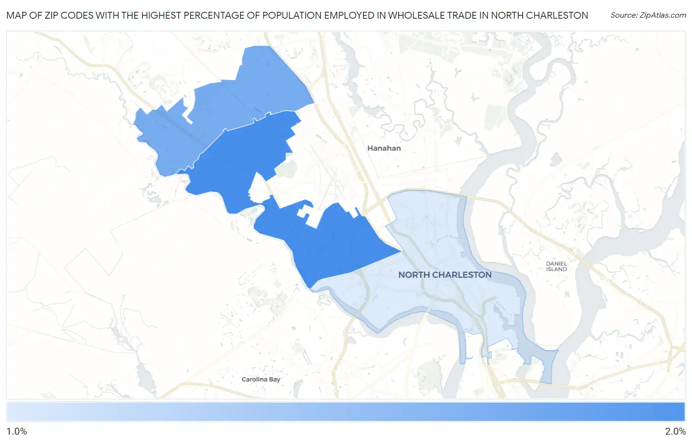 Zip Codes with the Highest Percentage of Population Employed in Wholesale Trade in North Charleston Map