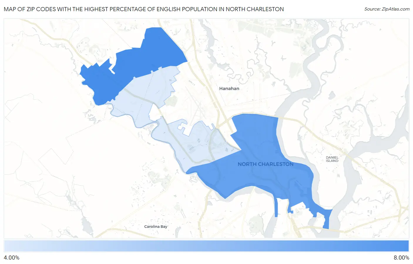 Zip Codes with the Highest Percentage of English Population in North Charleston Map