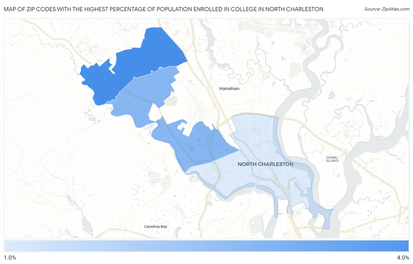 Zip Codes with the Highest Percentage of Population Enrolled in College in North Charleston Map