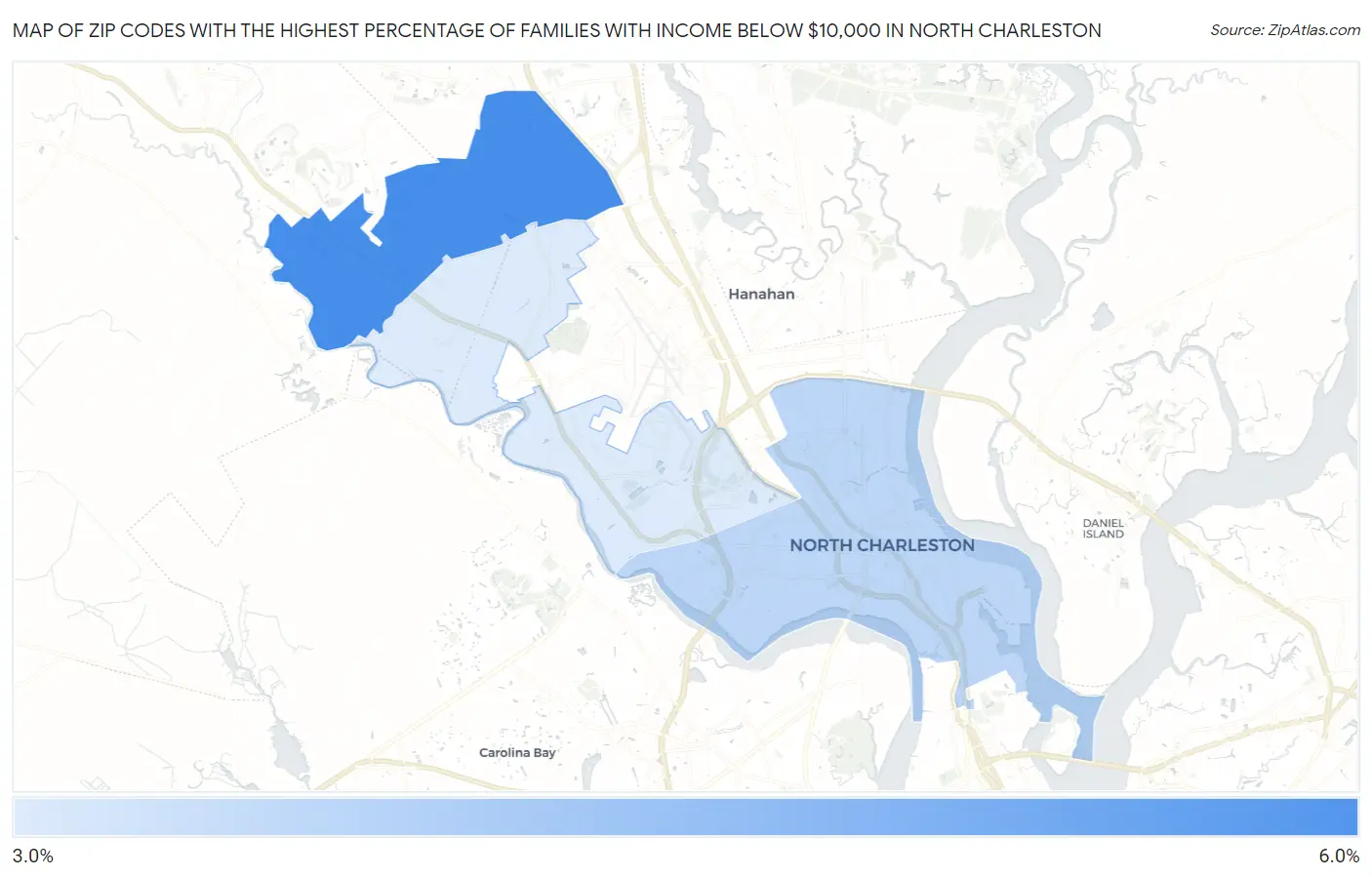 Zip Codes with the Highest Percentage of Families with Income Below $10,000 in North Charleston Map