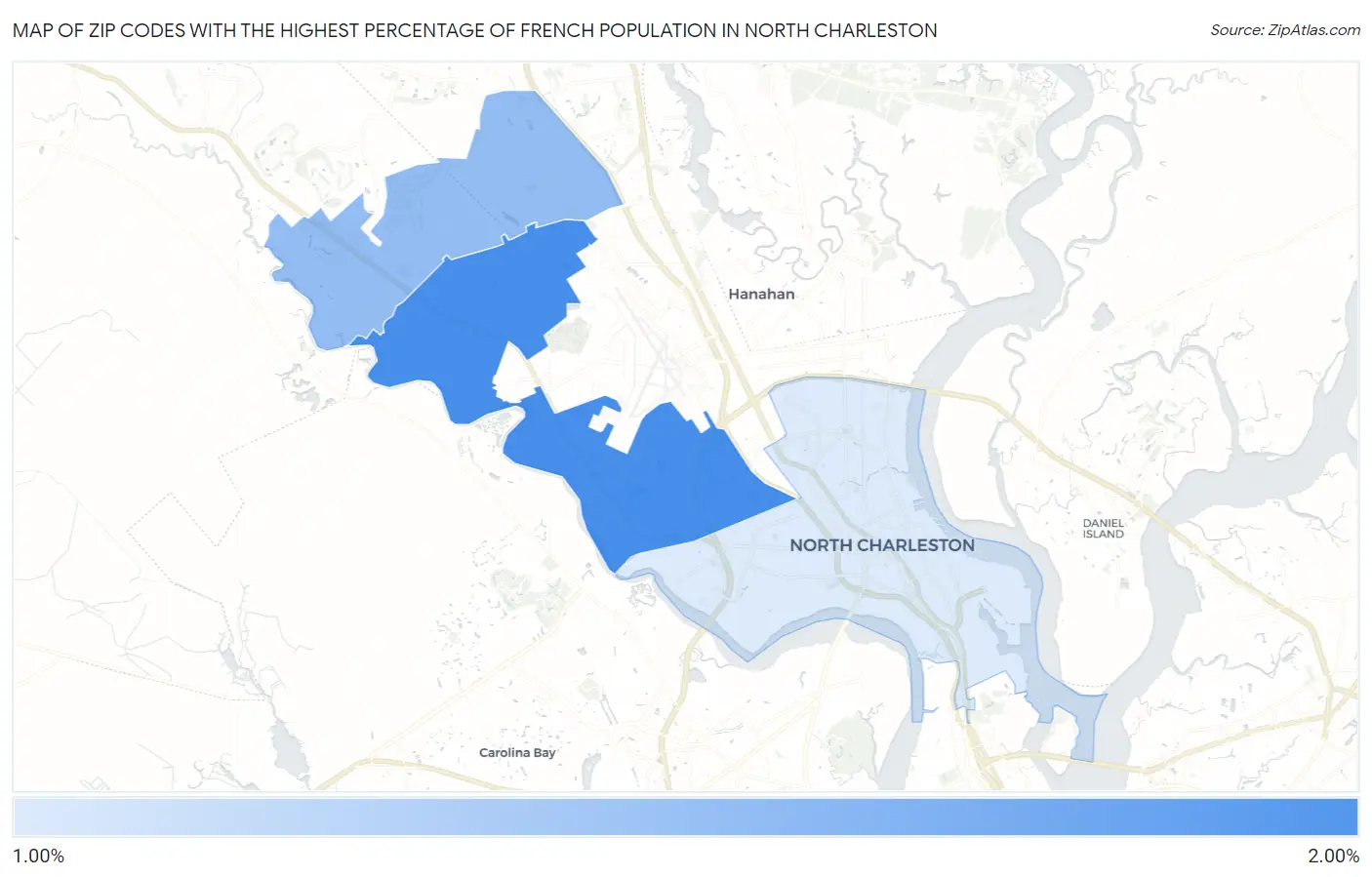 Zip Codes with the Highest Percentage of French Population in North Charleston Map