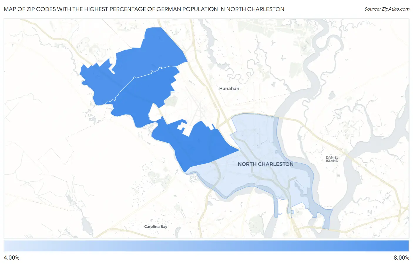 Zip Codes with the Highest Percentage of German Population in North Charleston Map