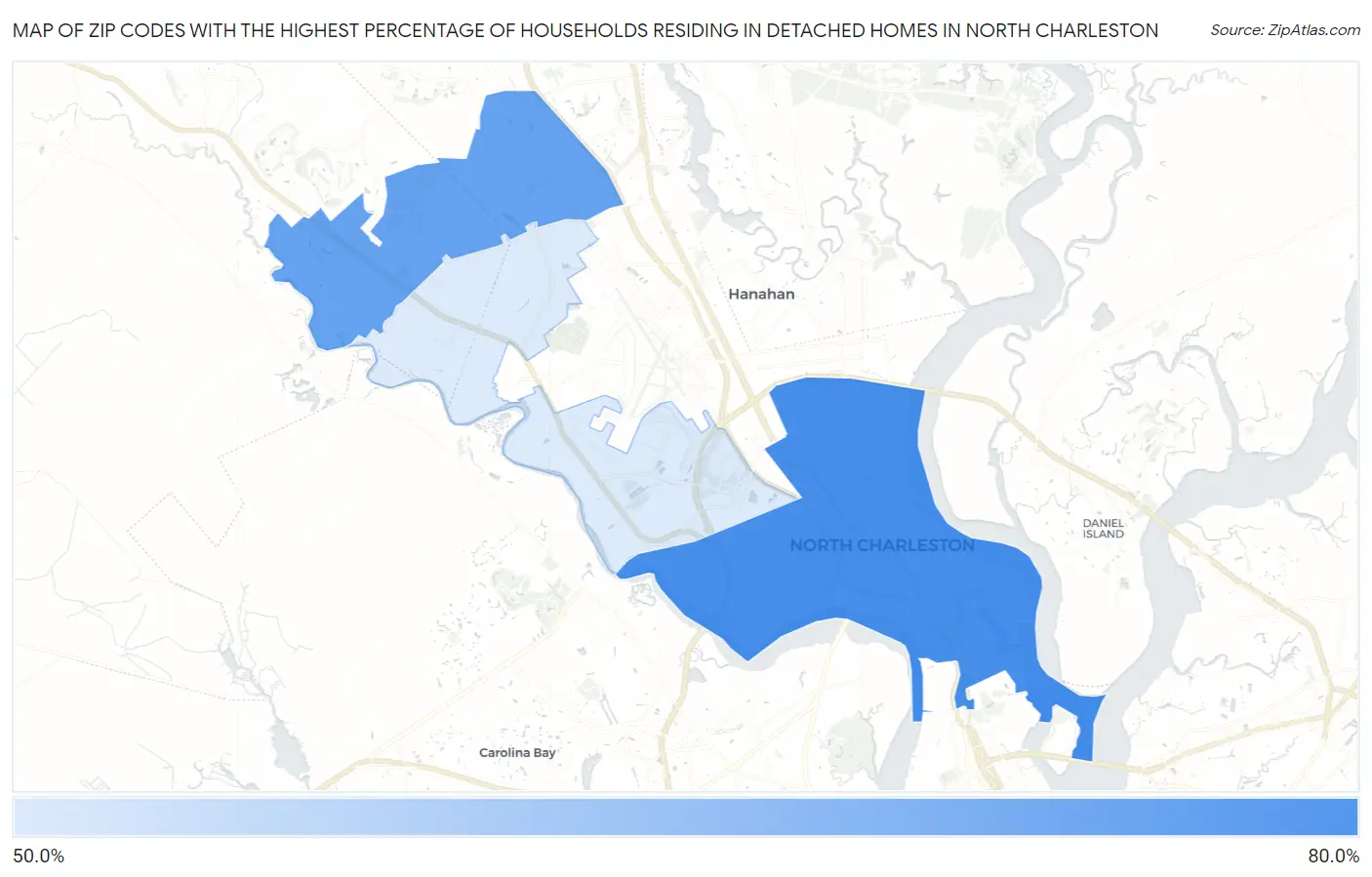 Zip Codes with the Highest Percentage of Households Residing in Detached Homes in North Charleston Map