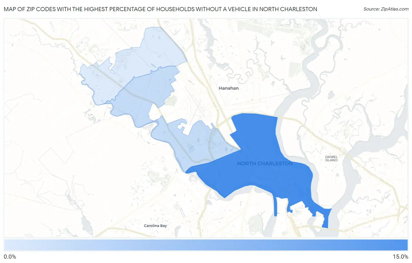 Zip Codes with the Highest Percentage of Households Without a Vehicle in North Charleston Map