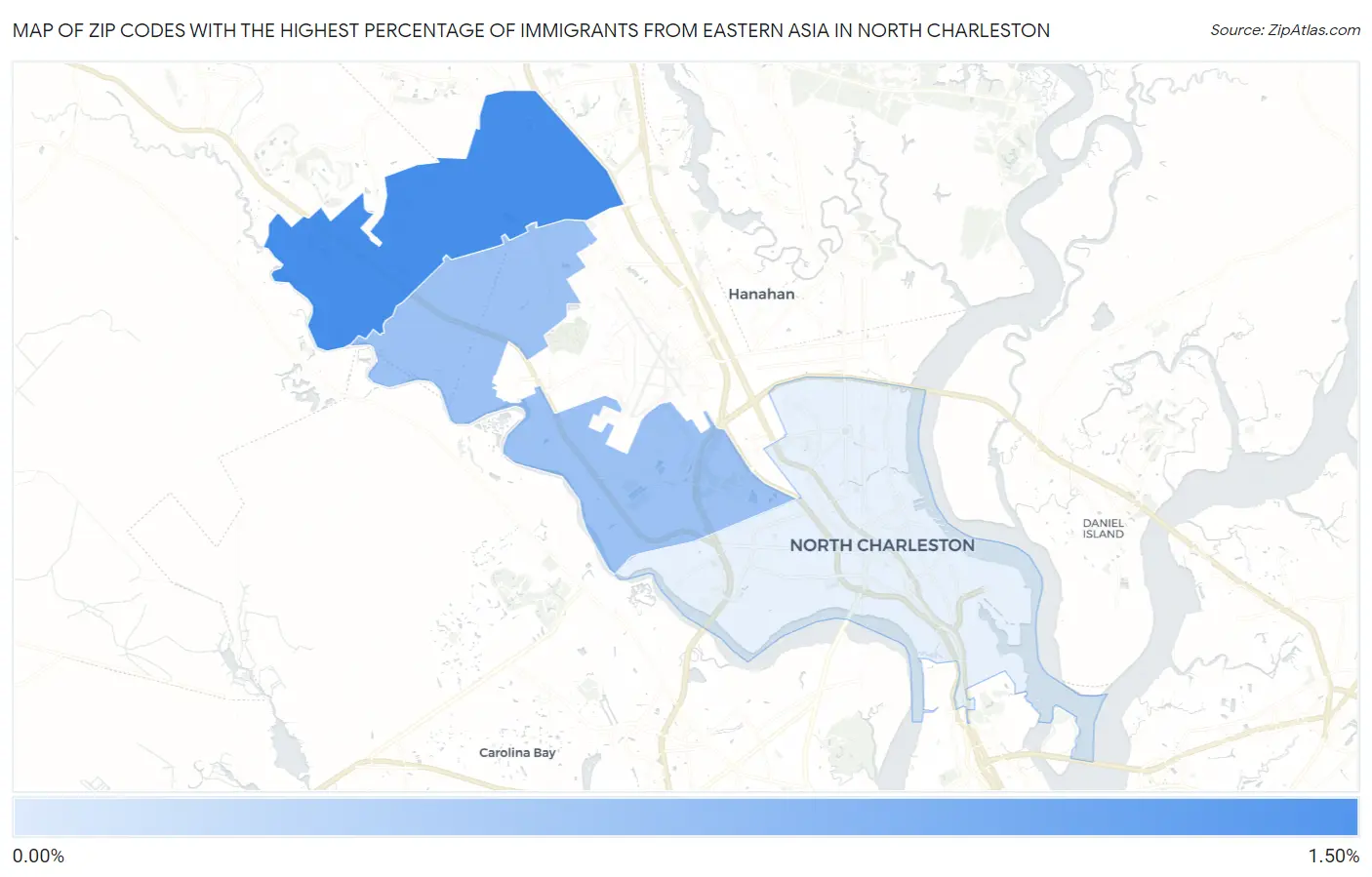 Zip Codes with the Highest Percentage of Immigrants from Eastern Asia in North Charleston Map