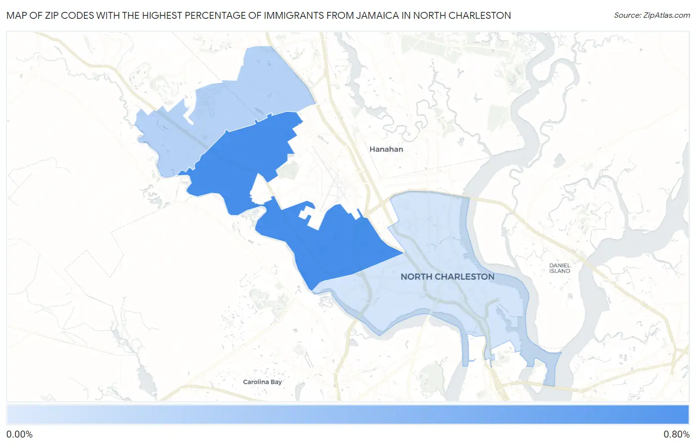 Zip Codes with the Highest Percentage of Immigrants from Jamaica in North Charleston Map