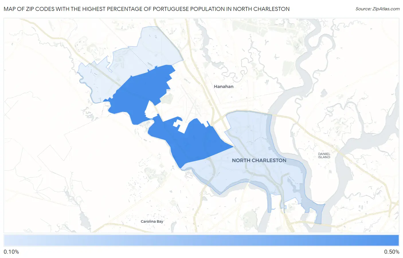 Zip Codes with the Highest Percentage of Portuguese Population in North Charleston Map