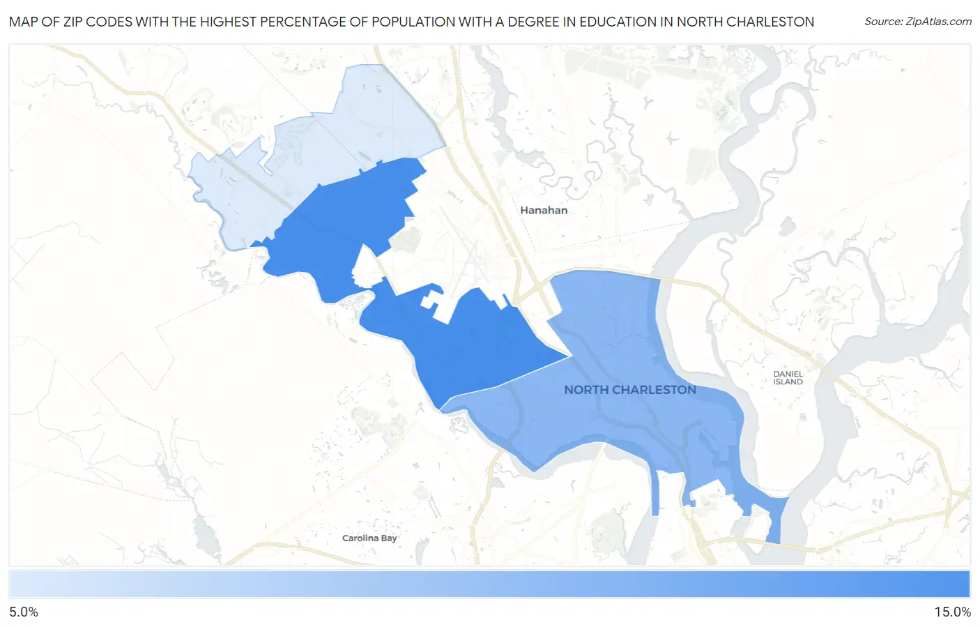 Zip Codes with the Highest Percentage of Population with a Degree in Education in North Charleston Map