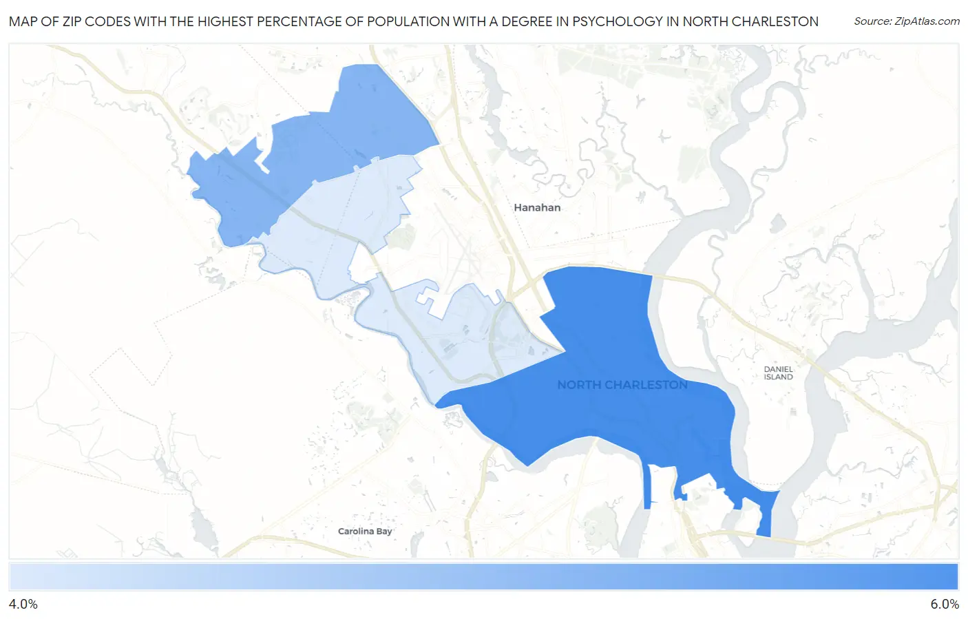 Zip Codes with the Highest Percentage of Population with a Degree in Psychology in North Charleston Map