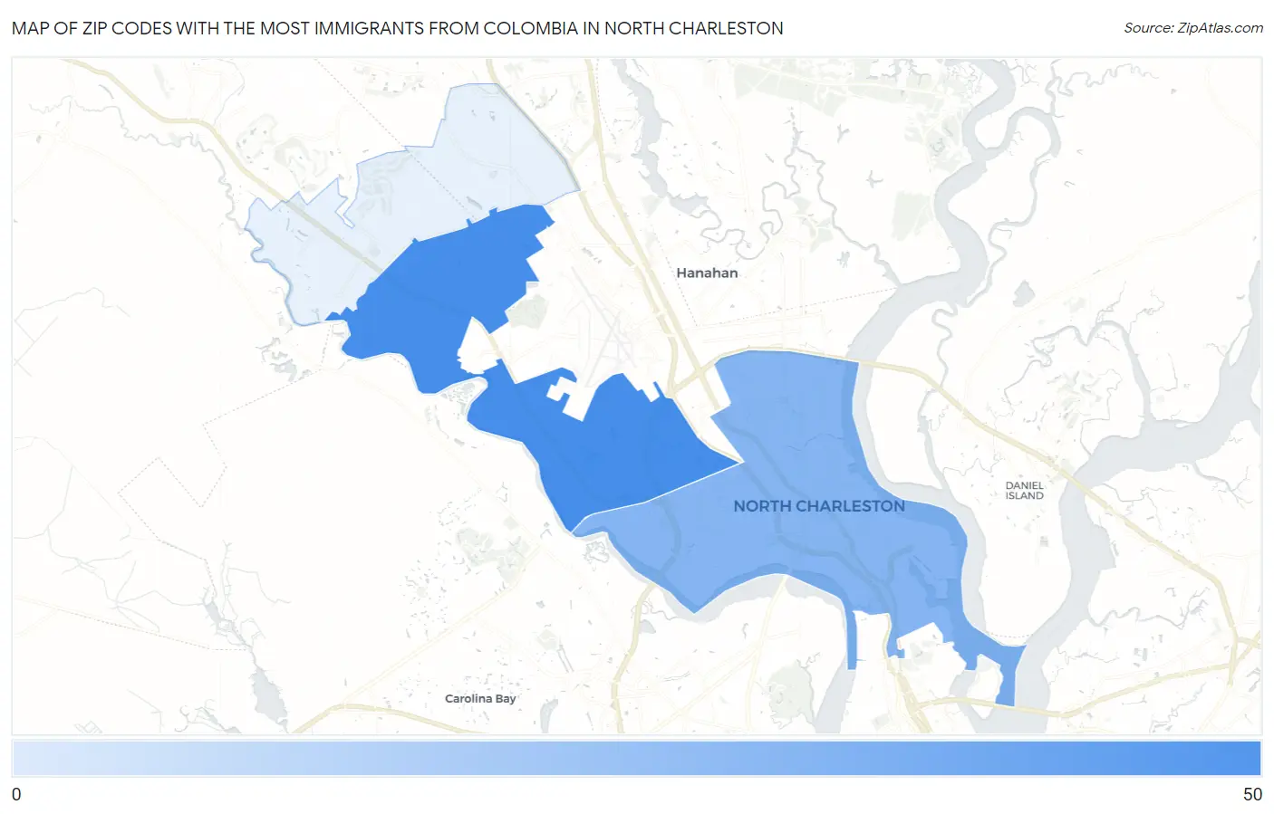 Zip Codes with the Most Immigrants from Colombia in North Charleston Map