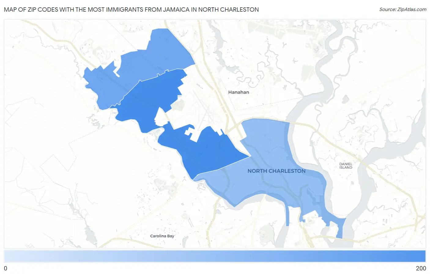 Zip Codes with the Most Immigrants from Jamaica in North Charleston Map