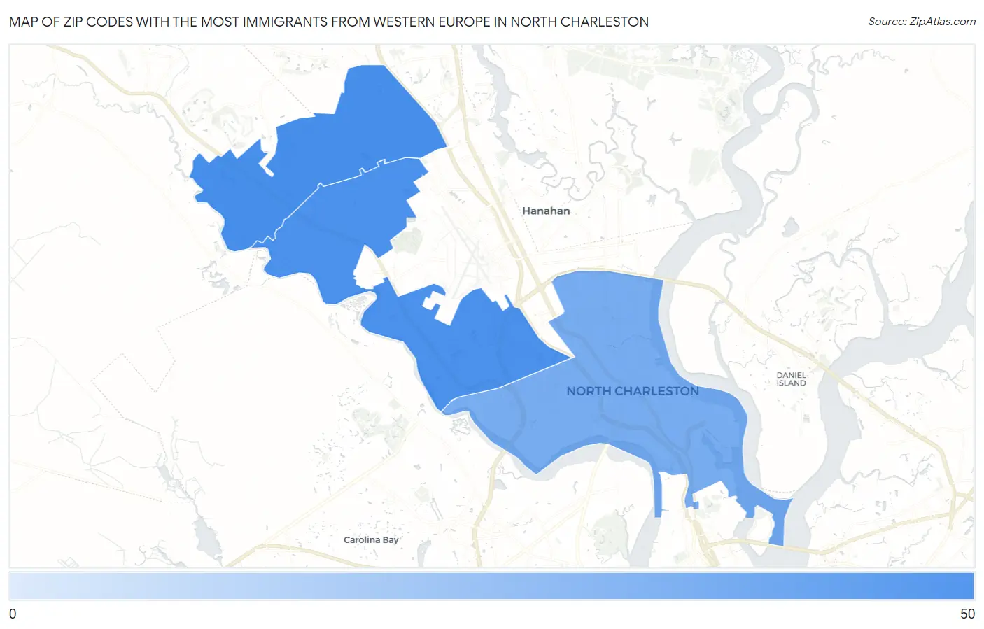 Zip Codes with the Most Immigrants from Western Europe in North Charleston Map