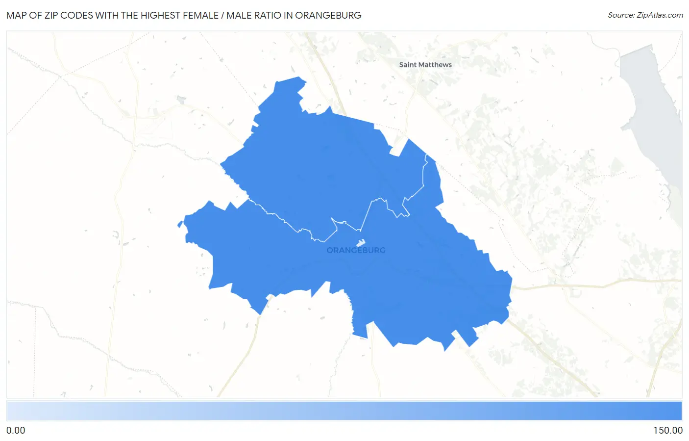Zip Codes with the Highest Female / Male Ratio in Orangeburg Map