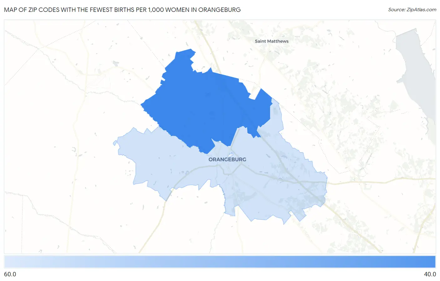 Zip Codes with the Fewest Births per 1,000 Women in Orangeburg Map