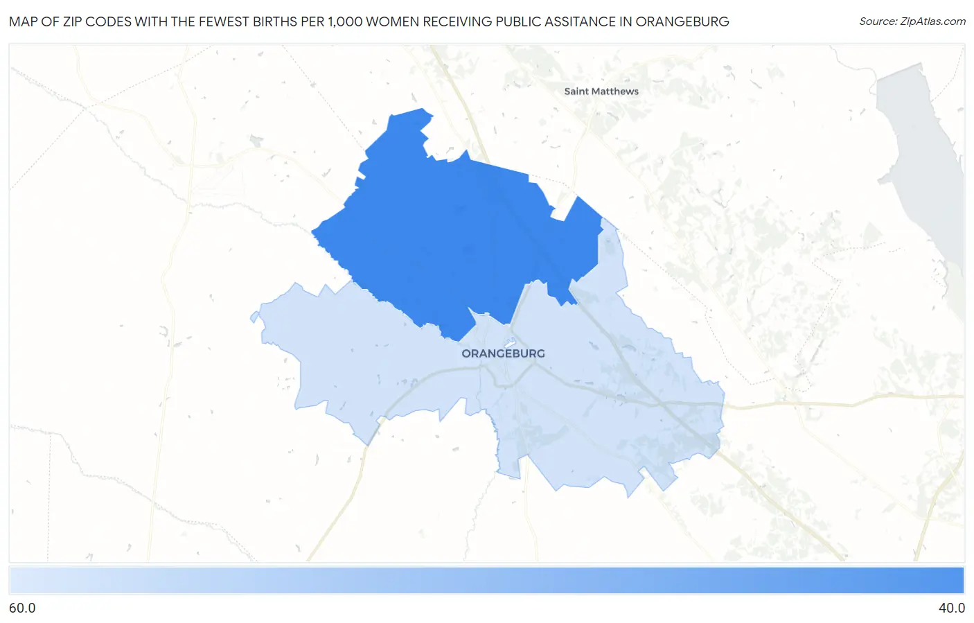 Zip Codes with the Fewest Births per 1,000 Women Receiving Public Assitance in Orangeburg Map