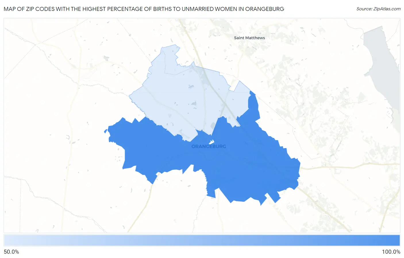 Zip Codes with the Highest Percentage of Births to Unmarried Women in Orangeburg Map