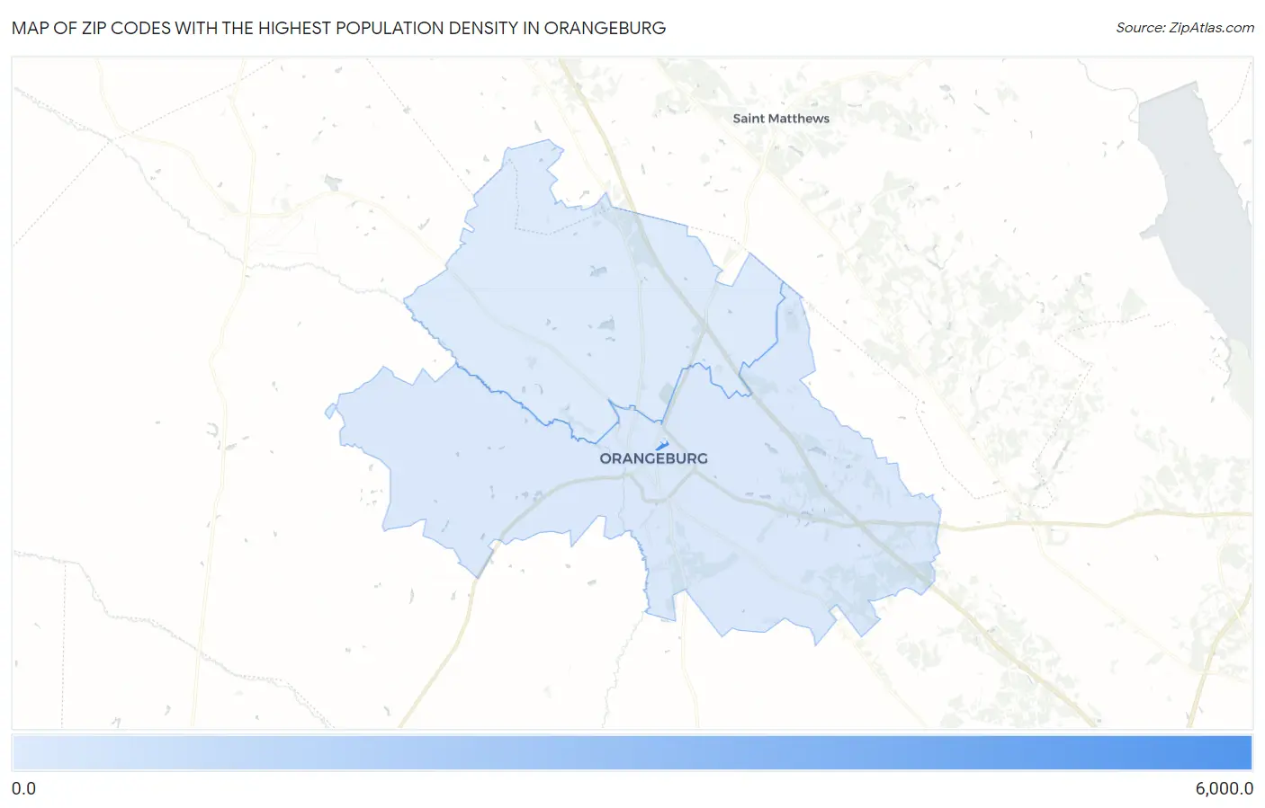 Zip Codes with the Highest Population Density in Orangeburg Map