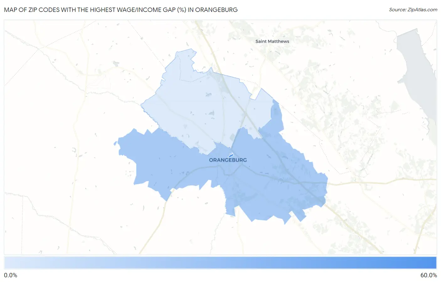 Zip Codes with the Highest Wage/Income Gap (%) in Orangeburg Map