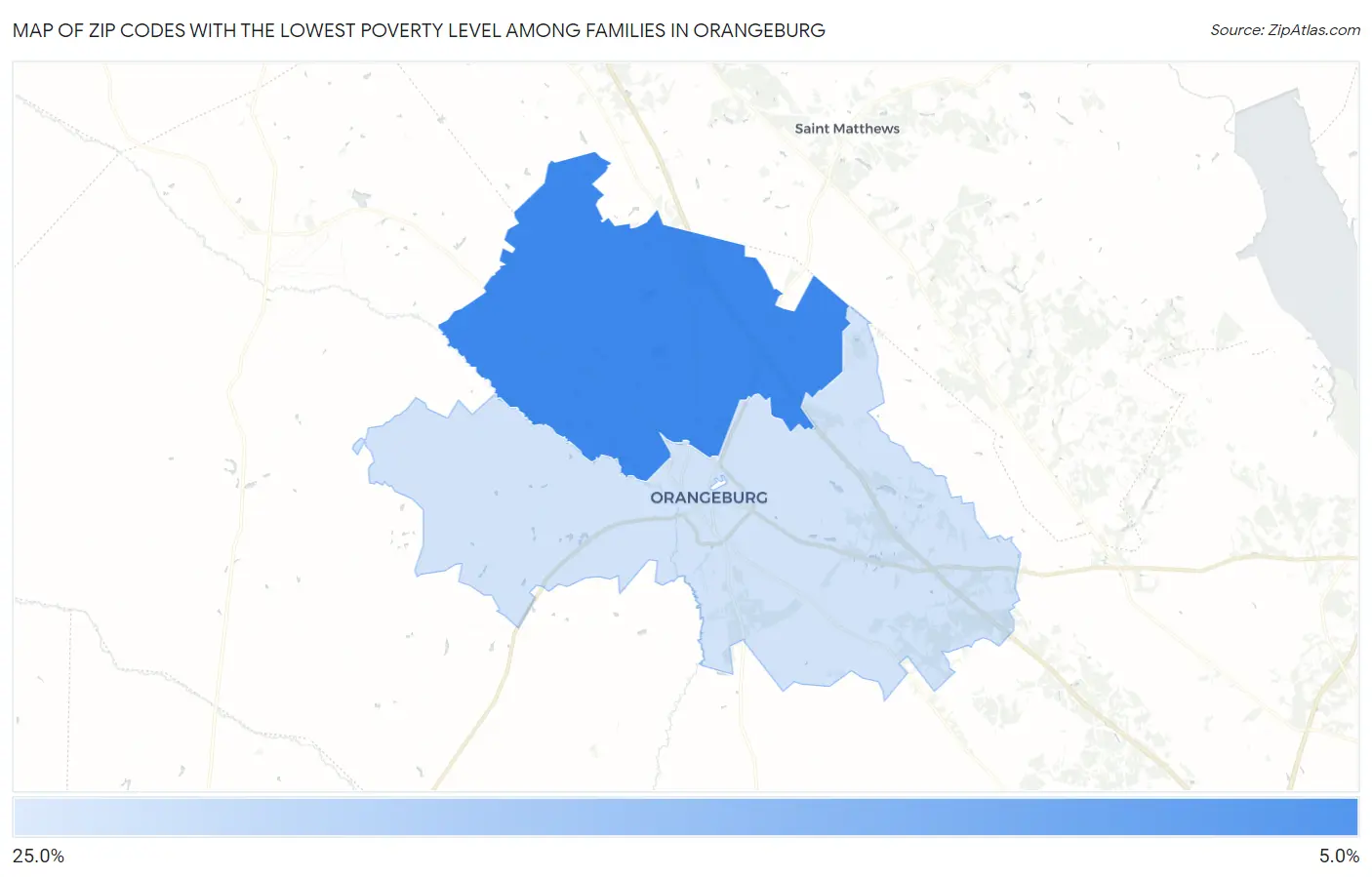 Zip Codes with the Lowest Poverty Level Among Families in Orangeburg Map