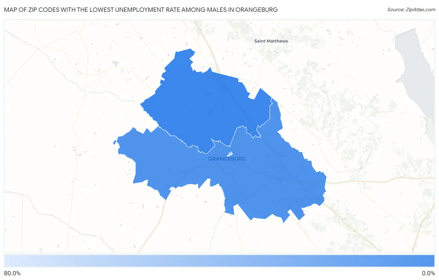 Zip Codes with the Lowest Unemployment Rate Among Males in Orangeburg Map