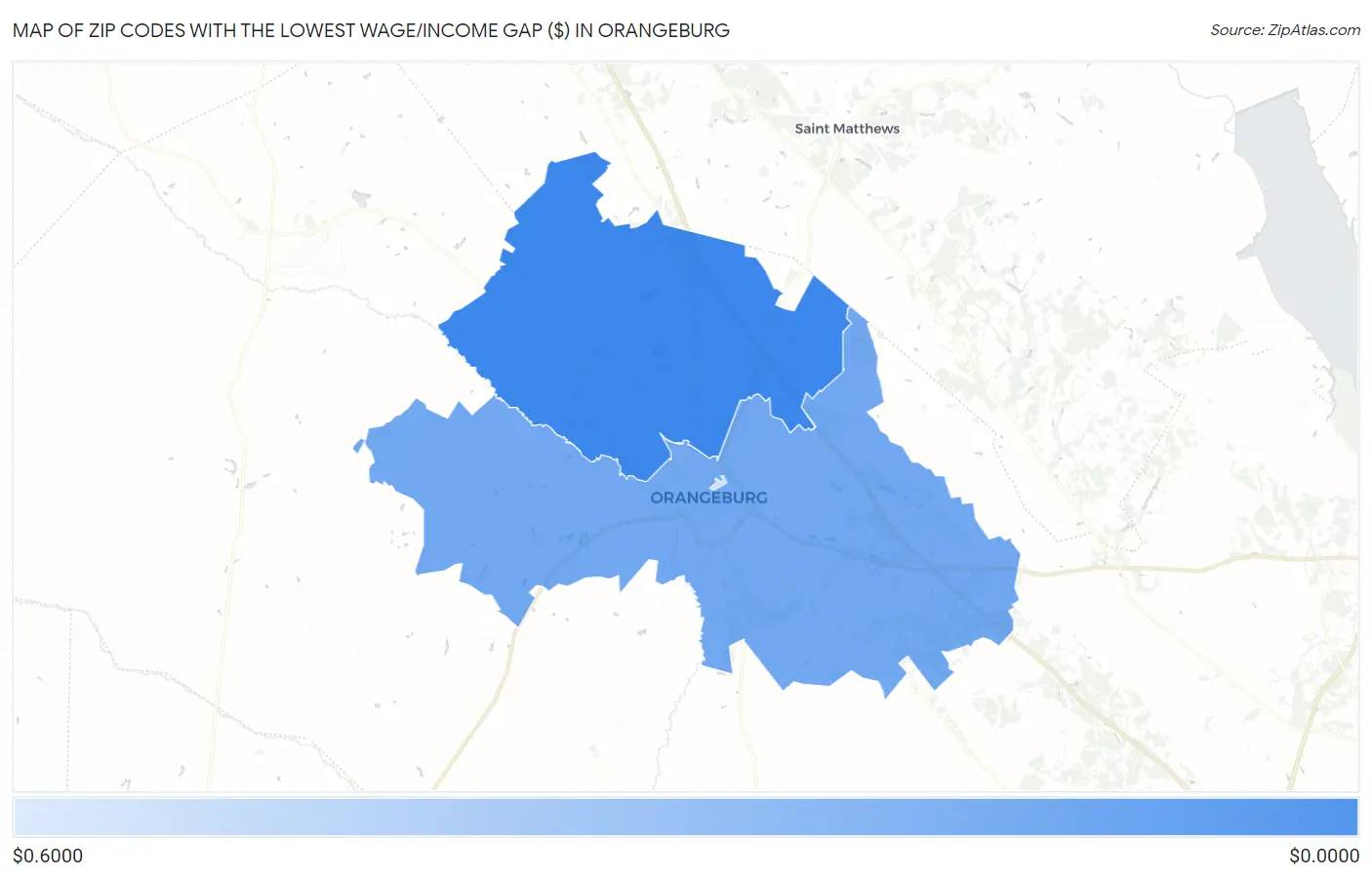 Zip Codes with the Lowest Wage/Income Gap ($) in Orangeburg Map