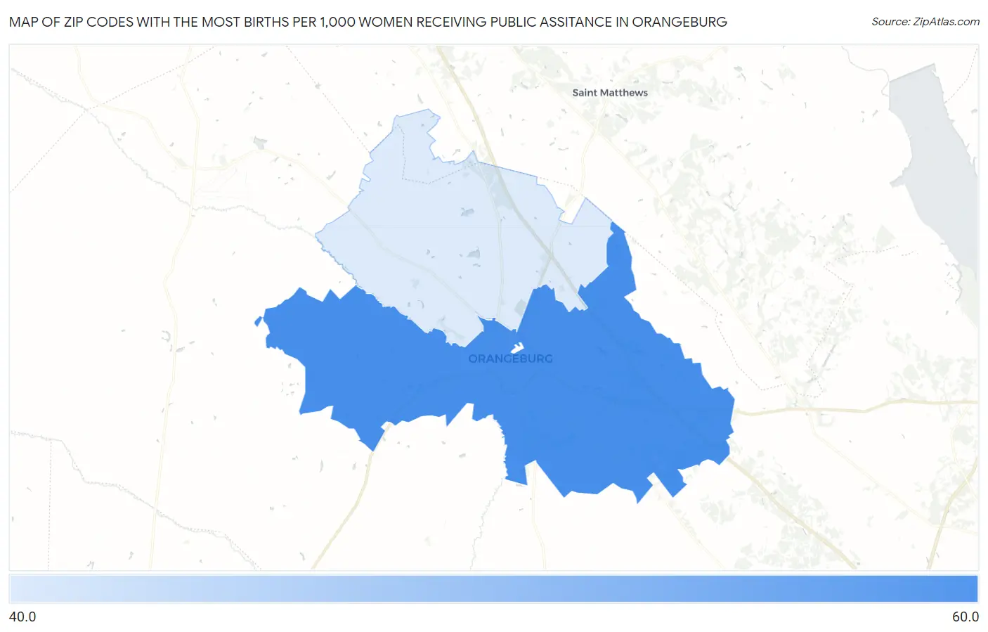 Zip Codes with the Most Births per 1,000 Women Receiving Public Assitance in Orangeburg Map
