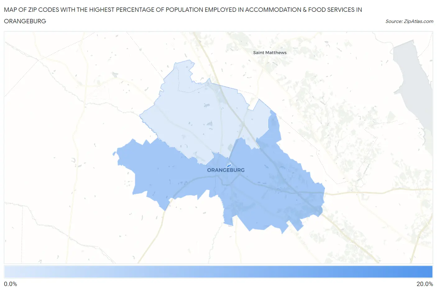 Zip Codes with the Highest Percentage of Population Employed in Accommodation & Food Services in Orangeburg Map