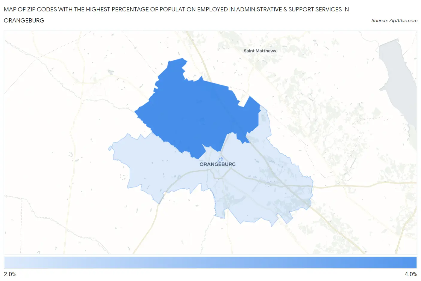 Zip Codes with the Highest Percentage of Population Employed in Administrative & Support Services in Orangeburg Map