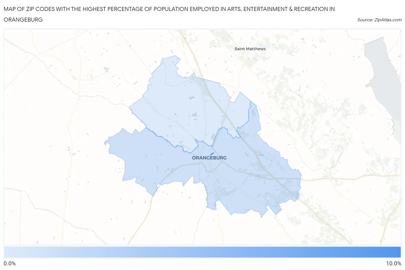 Zip Codes with the Highest Percentage of Population Employed in Arts, Entertainment & Recreation in Orangeburg Map