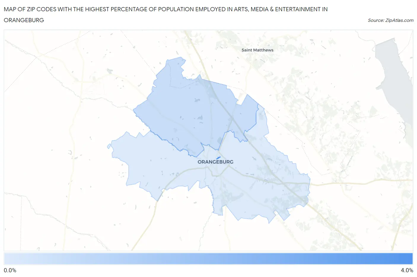 Zip Codes with the Highest Percentage of Population Employed in Arts, Media & Entertainment in Orangeburg Map