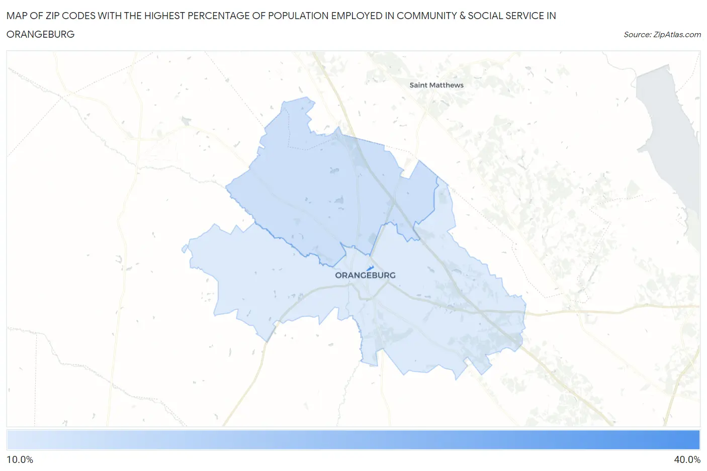 Zip Codes with the Highest Percentage of Population Employed in Community & Social Service  in Orangeburg Map