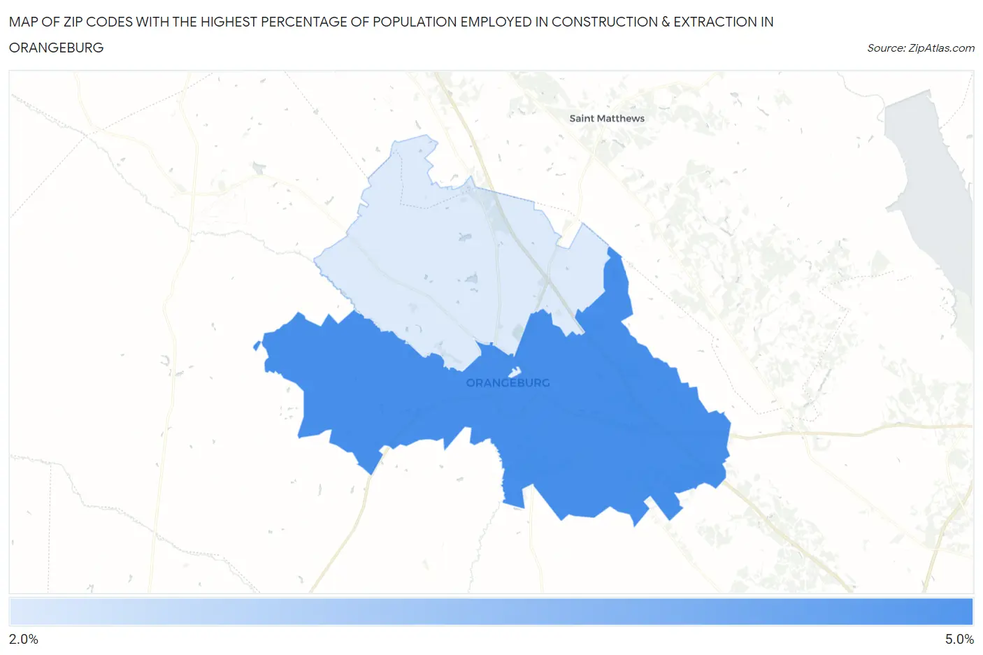Zip Codes with the Highest Percentage of Population Employed in Construction & Extraction in Orangeburg Map